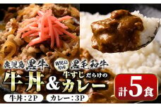 A91028 鹿児島黒牛牛丼＆牛すじだらけのカレーセット(130g×5パック・牛丼2P、カレー3P)鹿児島 国産 牛肉 黒毛和牛 黒牛 牛すじ レトルトカレー ご当地カレー 牛丼 丼 電子レンジ調理 パック 冷凍 セット おかず ギフト 贈答【新村畜産】