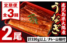 E57003 ＜定期便・計3回(連続)＞うなぎ蒲焼・大(有頭)(2尾・計330g以上×3回、タレ、山椒付)鹿児島 国産 鰻 うなぎ ウナギ 蒲焼き うな丼 うな重 ひつまぶし 土用の丑の日 真空パック お土産 贈答 ギフト プレゼント【一般社団法人きもつき宇宙協議会】