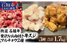 【2025年11月以降順次発送】特選石垣牛の牛スジとマルチョウ、秘伝の味噌味をご家庭で！！牛スジ500g、マルチョウ300ｇ×2、味噌味マルチョウ300ｇ×2のよくばりセット | 沖縄 石垣 牛スジ マルチョウ ホルモン 牛 肉 特選 黒毛 和牛 贅沢 秘伝 ミソ 味噌 家庭用 | IM-31
