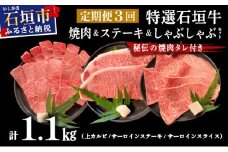 【2025年11月以降順次発送】【3回定期便】希少な特選石垣牛をご家庭で！！全3回合計1.1kg　上カルビ、サーロインステーキ各400gずつ、特選しゃぶしゃぶ用300g & 石垣牛 MARU秘伝の焼肉タレ100ml×1本 | 沖縄 石垣 特選 牛 上 赤身 カルビ サーロイン ステーキ ロース 肉 焼肉 真空 冷凍 タレ 定期便 | IM-62t