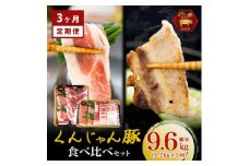 ＜毎月定期便＞くんじゃん豚 食べ比べセット 焼肉・しゃぶしゃぶ 計9.6kg全3回【4067327】