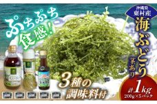 美ら海 沖縄県産 海ぶどうセット／茎あり1kg（200g×5パック）＆調味料３種セット 海ブドウ 海ぶどう うみぶどう パック 茎なし ポン酢 ドレッシング たれ付き クビレズタ 海鮮 海藻 プチプチ おつまみ 沖縄料理 ご当地 特産品 グルメ 常温 沖縄県 東村