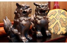 【datta.沖縄南の島陶芸工房】シーサー（ 燻し金色・ペア）
