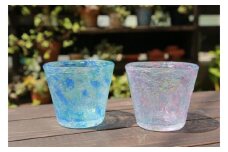 【ガラス工房雫】泡花口広カップ＜朝顔＆紫陽花＞2個セット