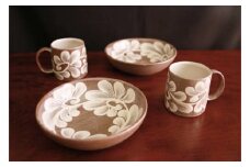【やちむんカフェ器人】デミタスカップ（つる草いっちん）と5寸浅鉢のペアセット 〇 仲間陶房 読谷村 沖縄 伝統工芸品 仲間功 セット商品 焼き物 デザート皿 カフェ向け