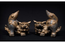 【datta.沖縄南の島陶芸工房】金シーサー（威嚇・中サイズペア）