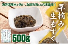 海洋深層水で洗い急速冷凍した久米島産！早摘み生もずく 500g もずく モズク 海藻 早摘み もずく酢 味噌汁 天ぷら 食物繊維 フコイダン ビタミン ミネラル アミノ酸 稀少 ぬめり コシ 海洋深層水 急速冷凍 新鮮 沖縄 久米島